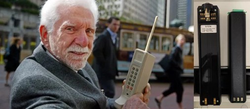 Left - People using early portable mobile phones; Right - DynaTAC 8000X battery pack.jpg Left - People using early portable mobile phones; Right - DynaTAC 8000X battery pack.jpg